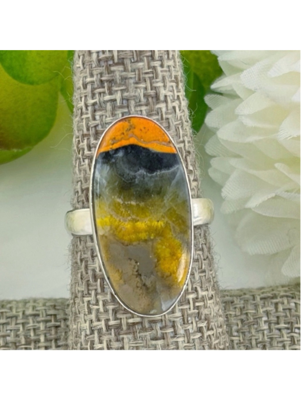 Sterling Silver 925 Bumble Bee Jasper Long Ring Size 7 Boho Southwest New
